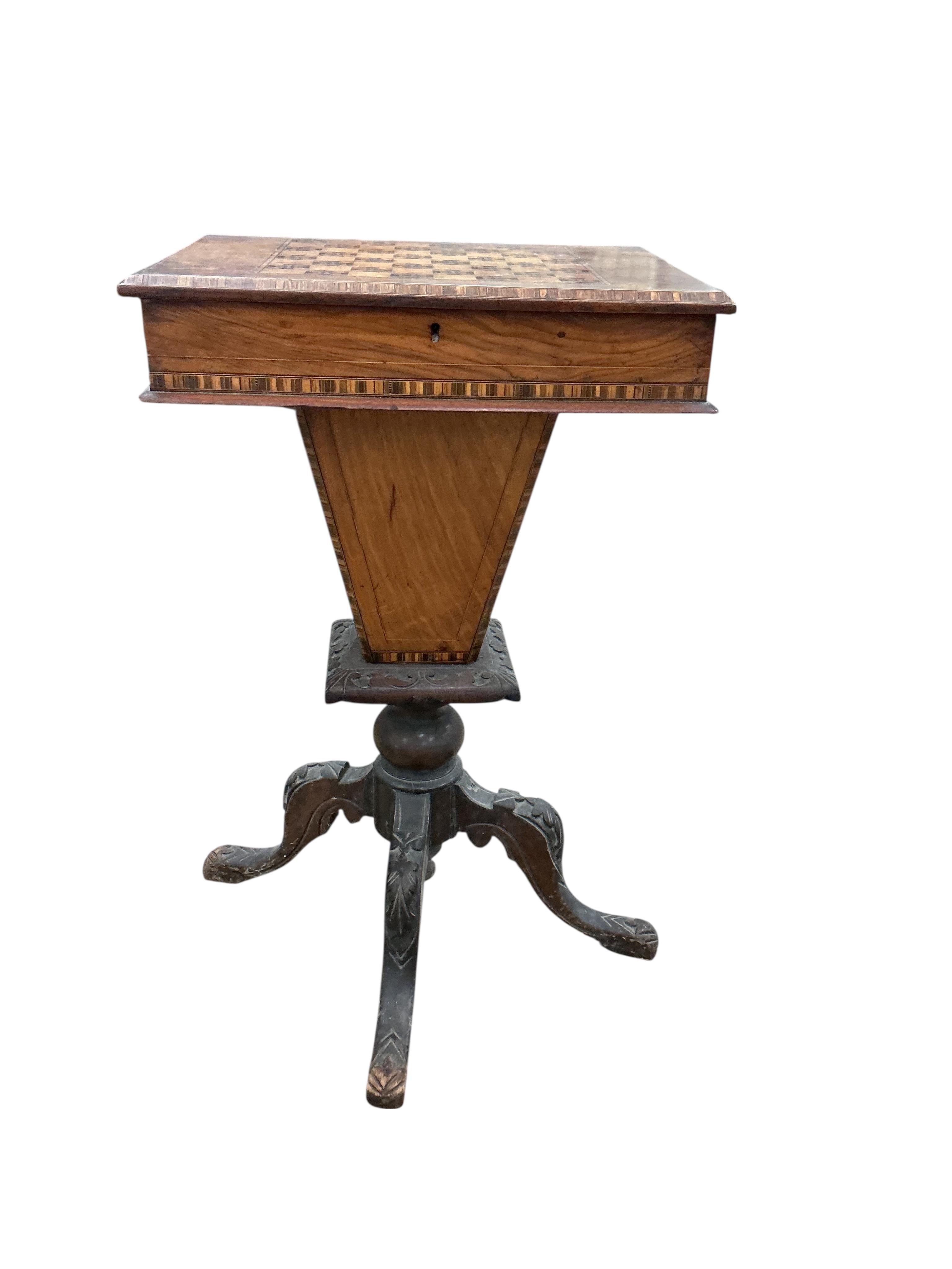 A Victorian parquetry inlaid walnut games/work table, width 48cm, depth 35cm, height 78cm.